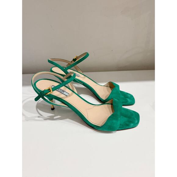 Prada Suede Slip On Mid Heel Slingback Sandals Green/Gold Women's Size EU 40 - Picture 4 of 7